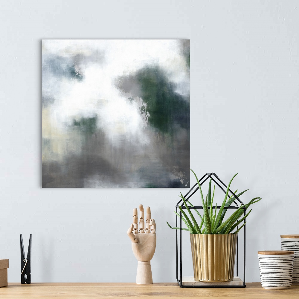 A bohemian room featuring Abstract contemporary painting in gray and green tones, resembling a cloudy sky.