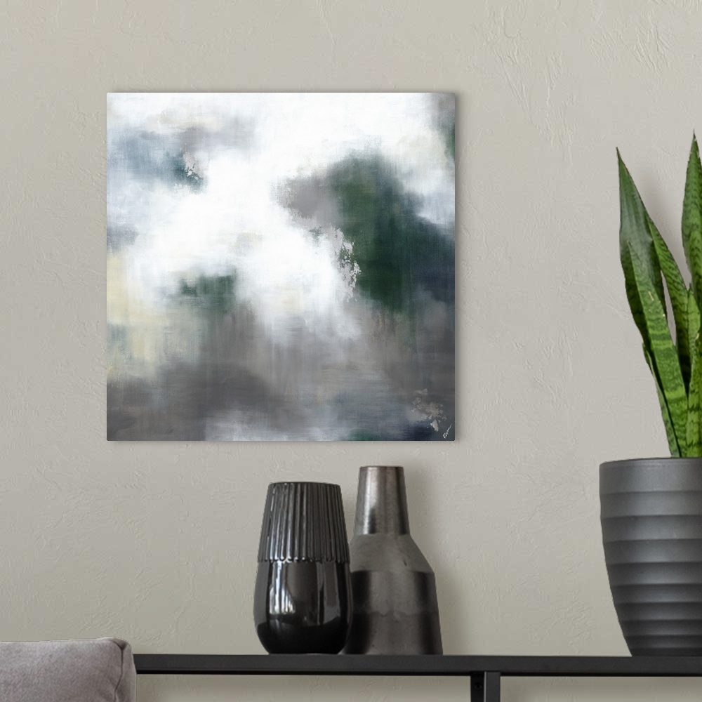 A modern room featuring Abstract contemporary painting in gray and green tones, resembling a cloudy sky.