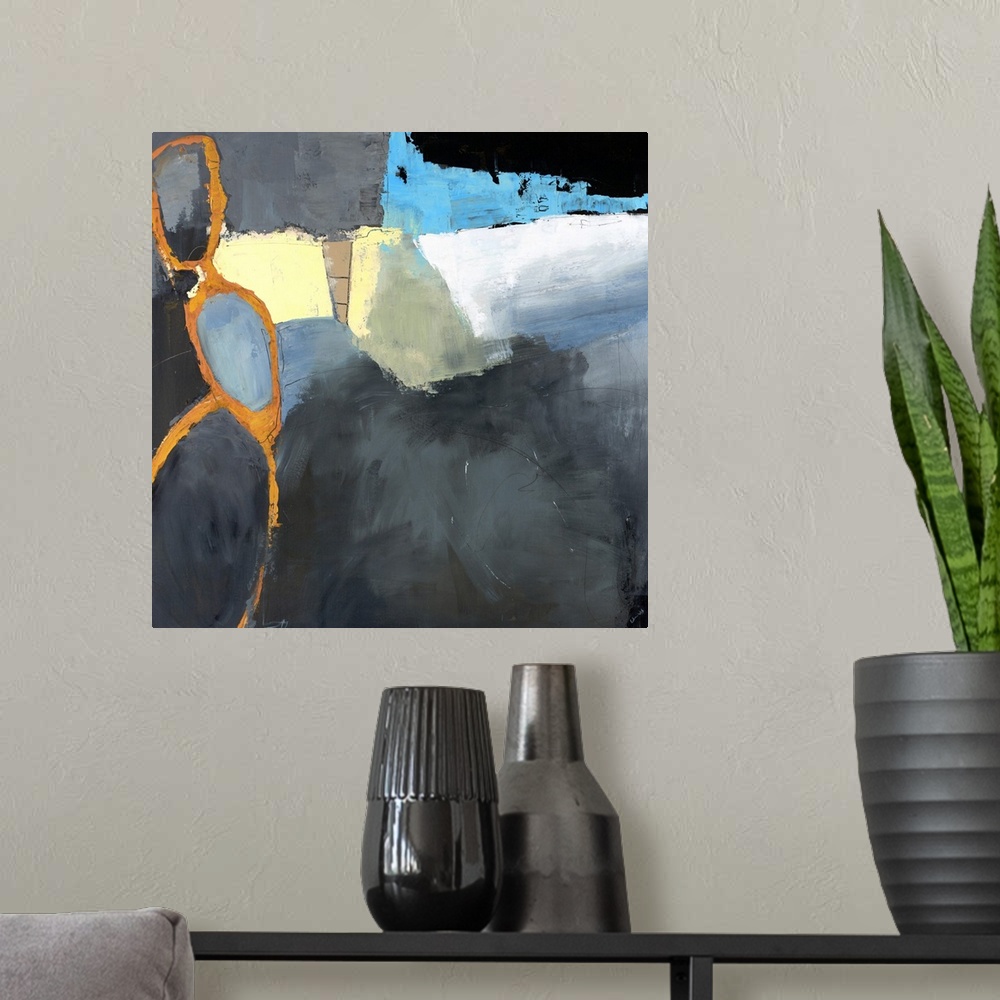 A modern room featuring Abstract artwork that has three orange ovals on the left side and a block of yellow and white to ...