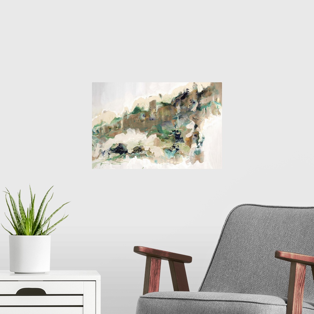 A modern room featuring Contemporary abstract painting with brown and emerald shades on white.
