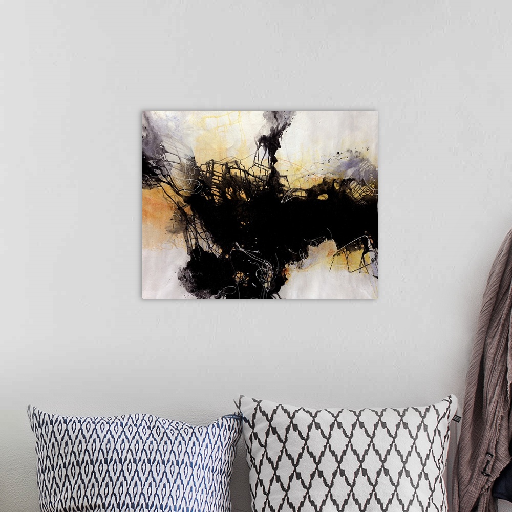 A bohemian room featuring Contemporary abstract artwork featuring splatters and drips of paint intersecting between light a...