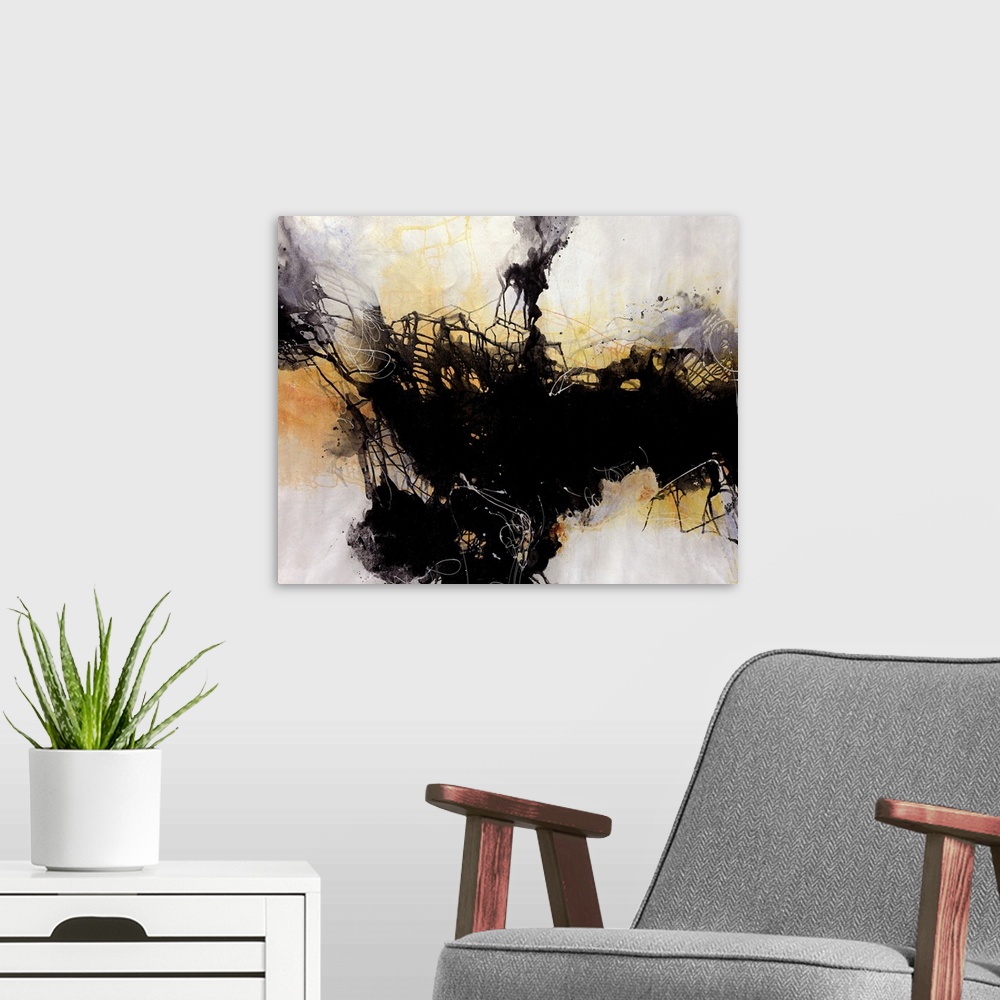 A modern room featuring Contemporary abstract artwork featuring splatters and drips of paint intersecting between light a...