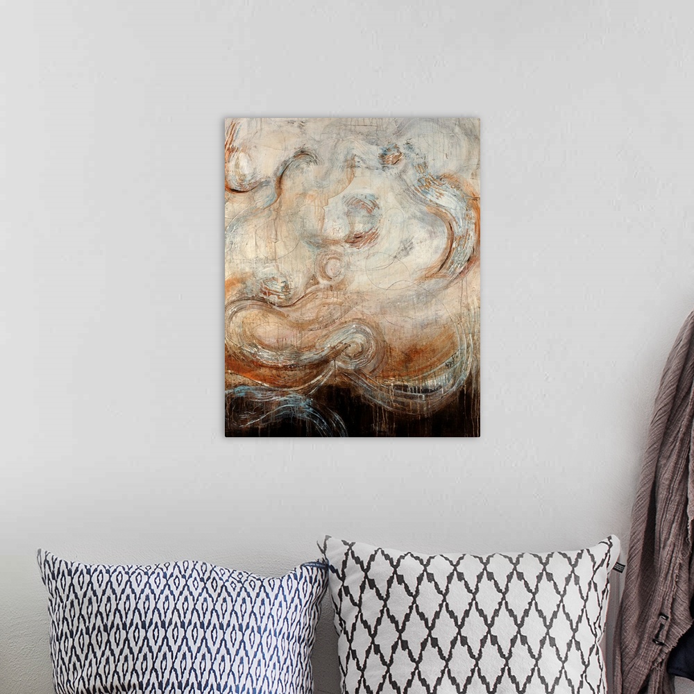 A bohemian room featuring Abstract artwork of large swirls on a harsh background. Paint leaks down the print.