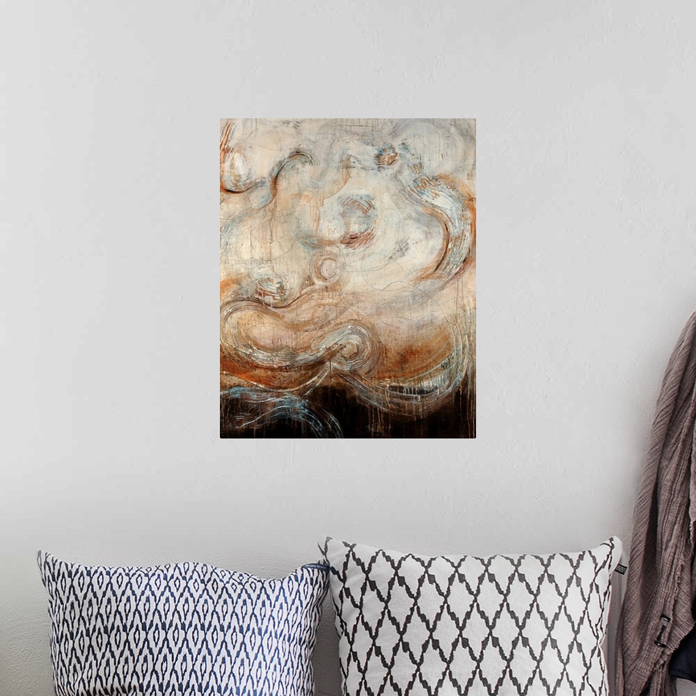 A bohemian room featuring Abstract artwork of large swirls on a harsh background. Paint leaks down the print.