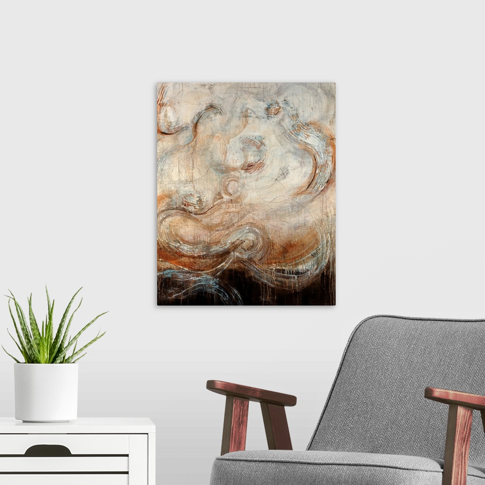 A modern room featuring Abstract artwork of large swirls on a harsh background. Paint leaks down the print.