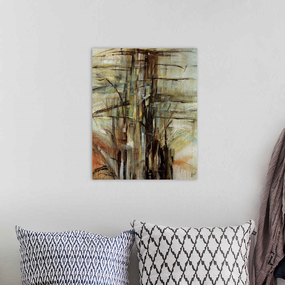 A bohemian room featuring A vertical abstract painting by a contemporary artist of dark shapes reminiscent of tree branches...