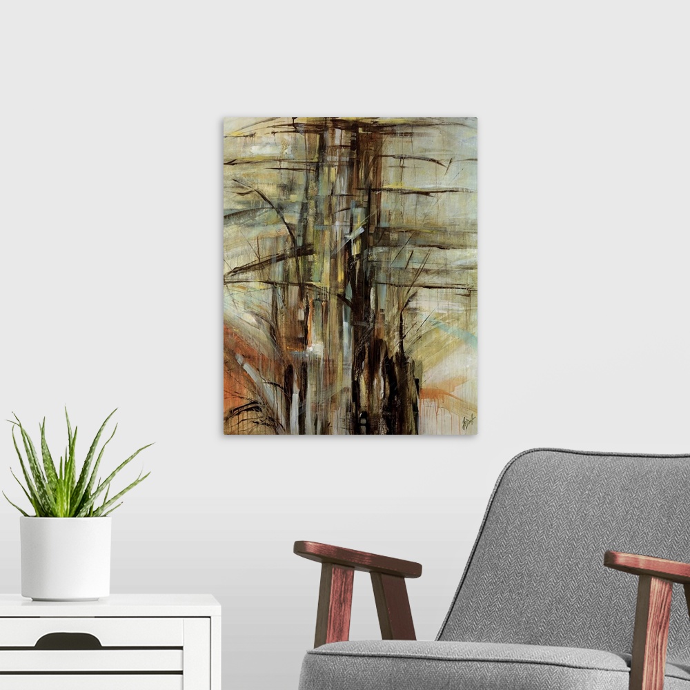 A modern room featuring A vertical abstract painting by a contemporary artist of dark shapes reminiscent of tree branches...