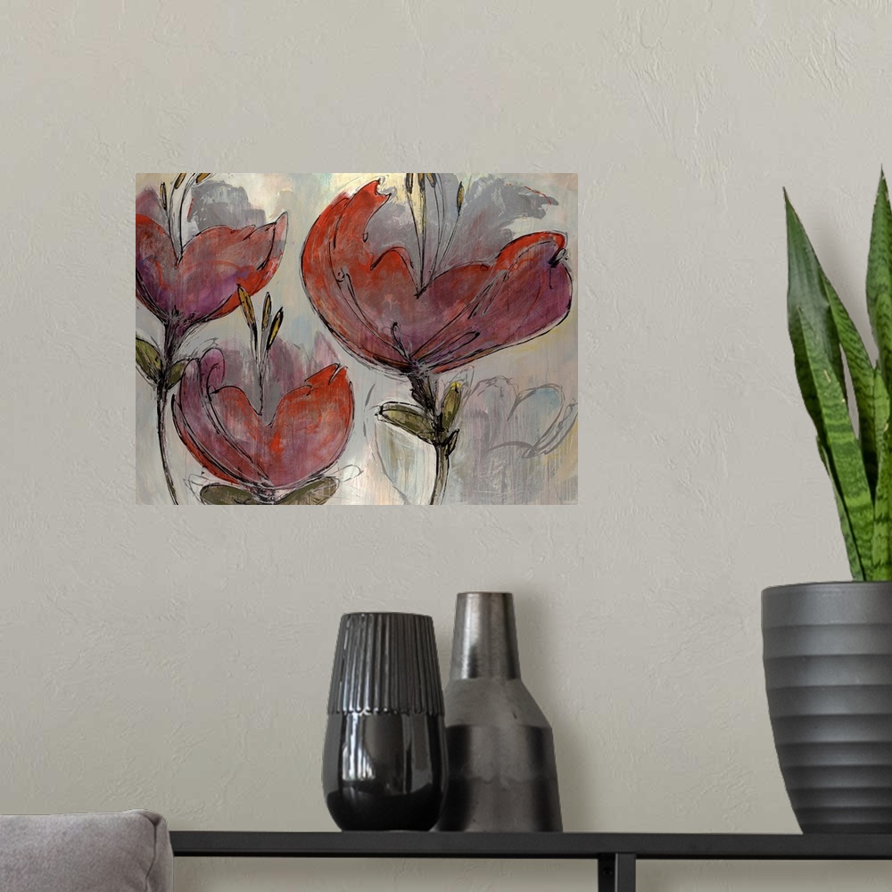 A modern room featuring Big artwork of the painting of flowers outlined with a black line.