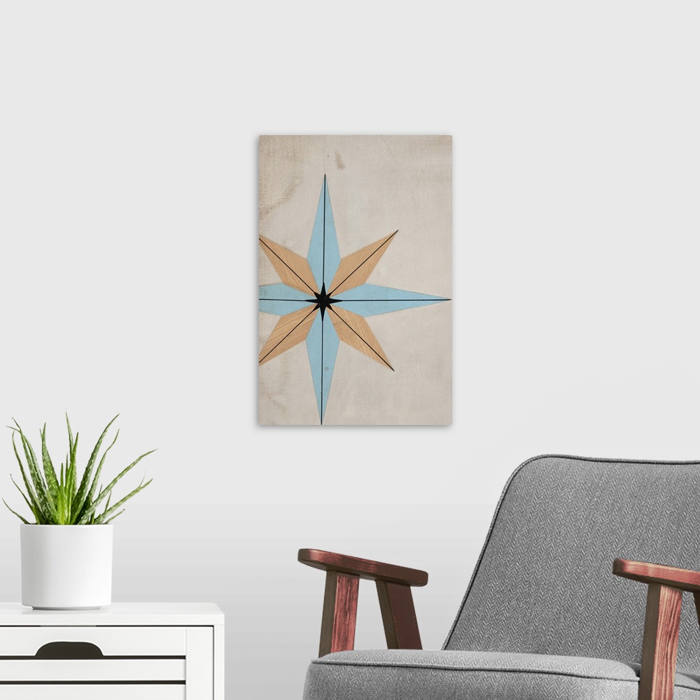 A modern room featuring Abstract painting with a mid-century feel using geometric shapes in different colors to create ob...