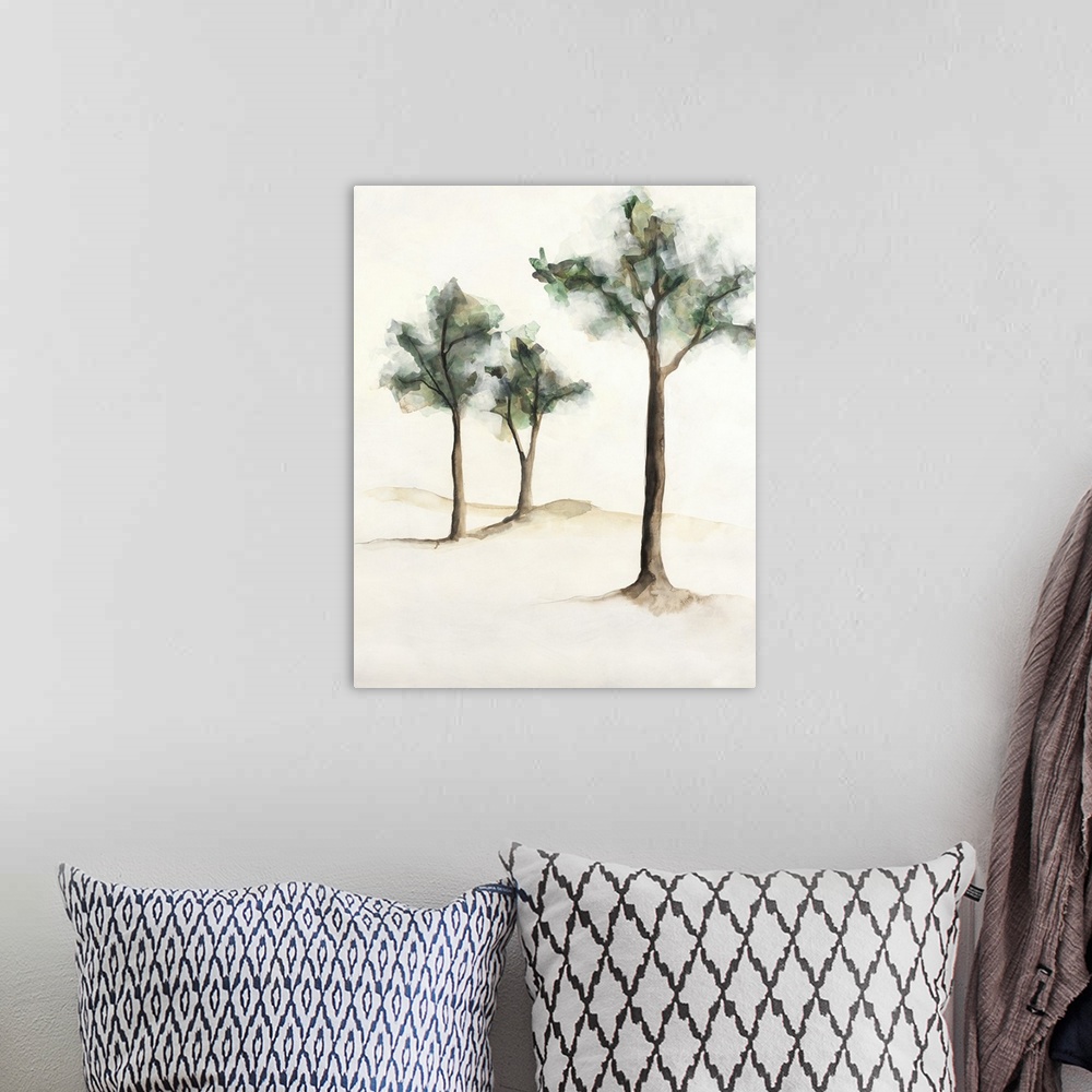 A bohemian room featuring Watercolor painting of three trees on a neutral colored background.