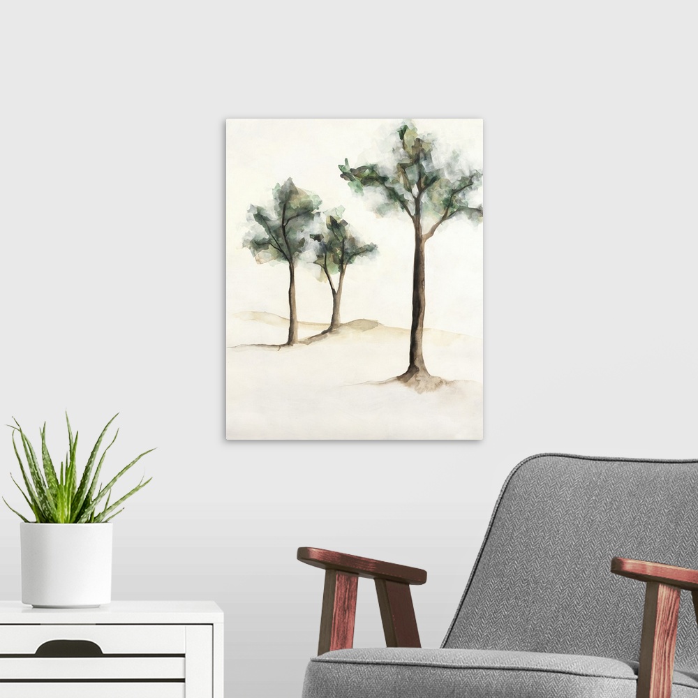 A modern room featuring Watercolor painting of three trees on a neutral colored background.