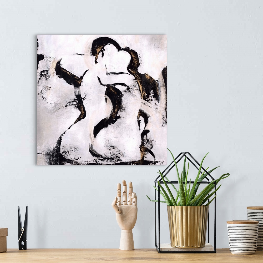A bohemian room featuring Abstract painting using harsh black paint strokes in contrast with the light background bringing ...