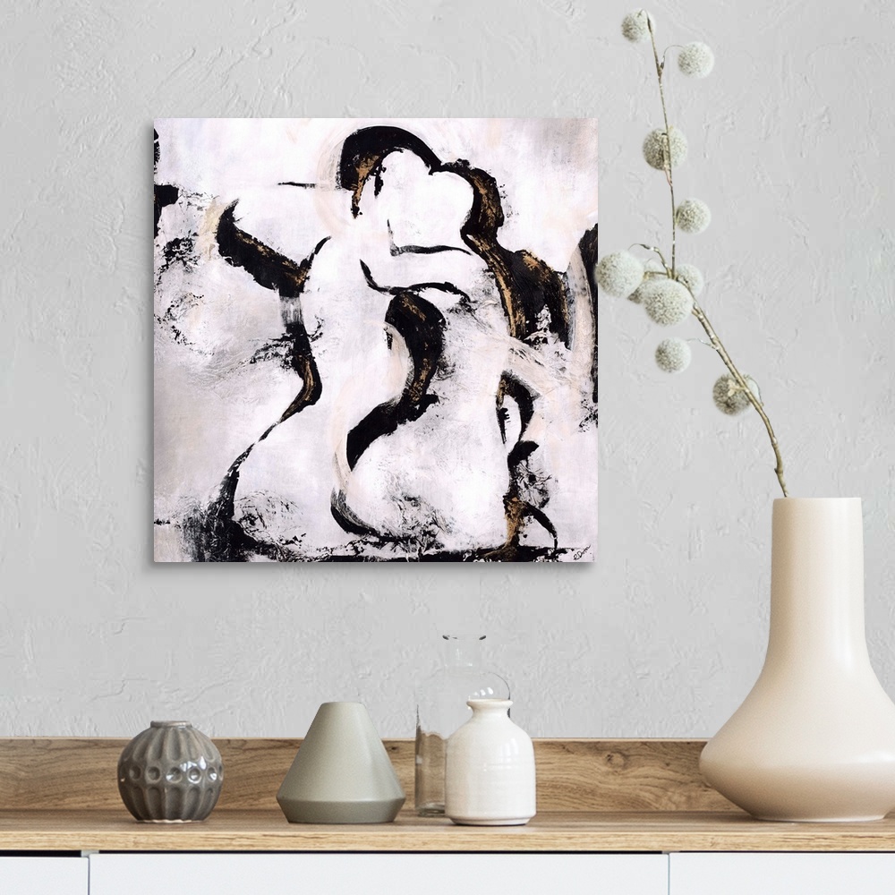 A farmhouse room featuring Abstract painting using harsh black paint strokes in contrast with the light background bringing ...