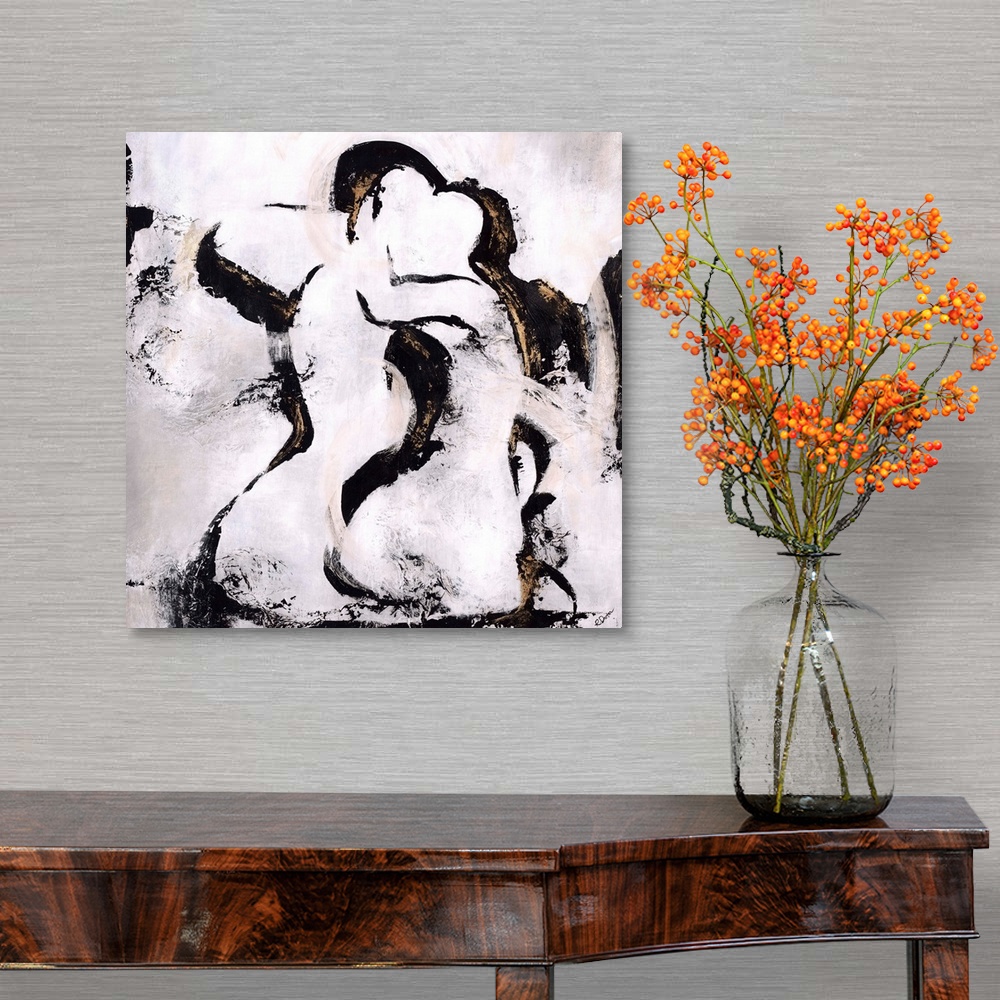 A traditional room featuring Abstract painting using harsh black paint strokes in contrast with the light background bringing ...