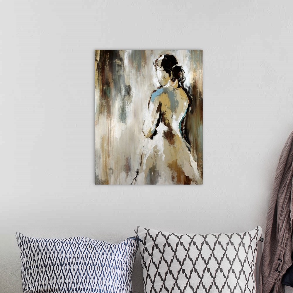A bohemian room featuring Giant abstract painting of a woman leaning against a wall in a dress looking the other way with a...
