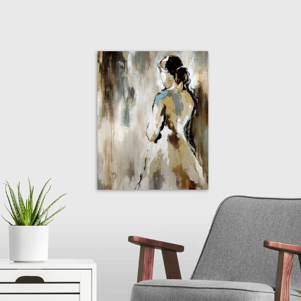 A modern room featuring Giant abstract painting of a woman leaning against a wall in a dress looking the other way with a...