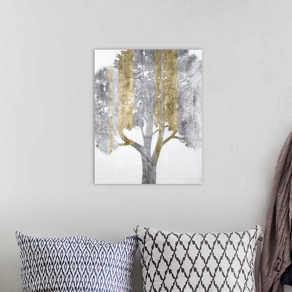 A bohemian room featuring A modern painting of a single tree in silver with vertical streaks of gold.