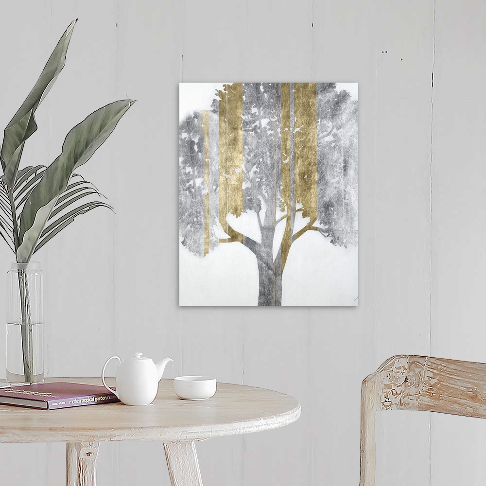 A farmhouse room featuring A modern painting of a single tree in silver with vertical streaks of gold.