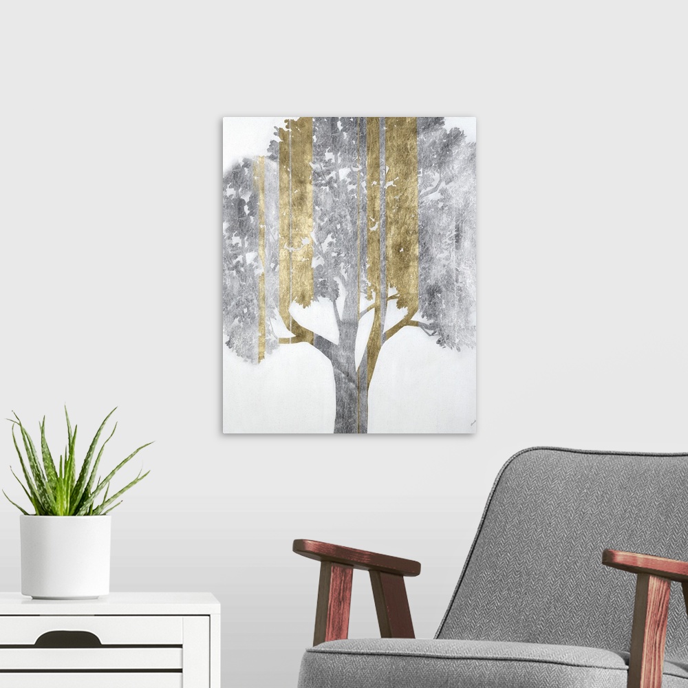 A modern room featuring A modern painting of a single tree in silver with vertical streaks of gold.