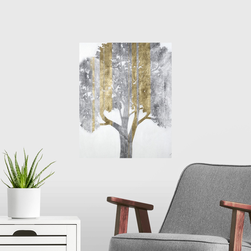 A modern room featuring A modern painting of a single tree in silver with vertical streaks of gold.