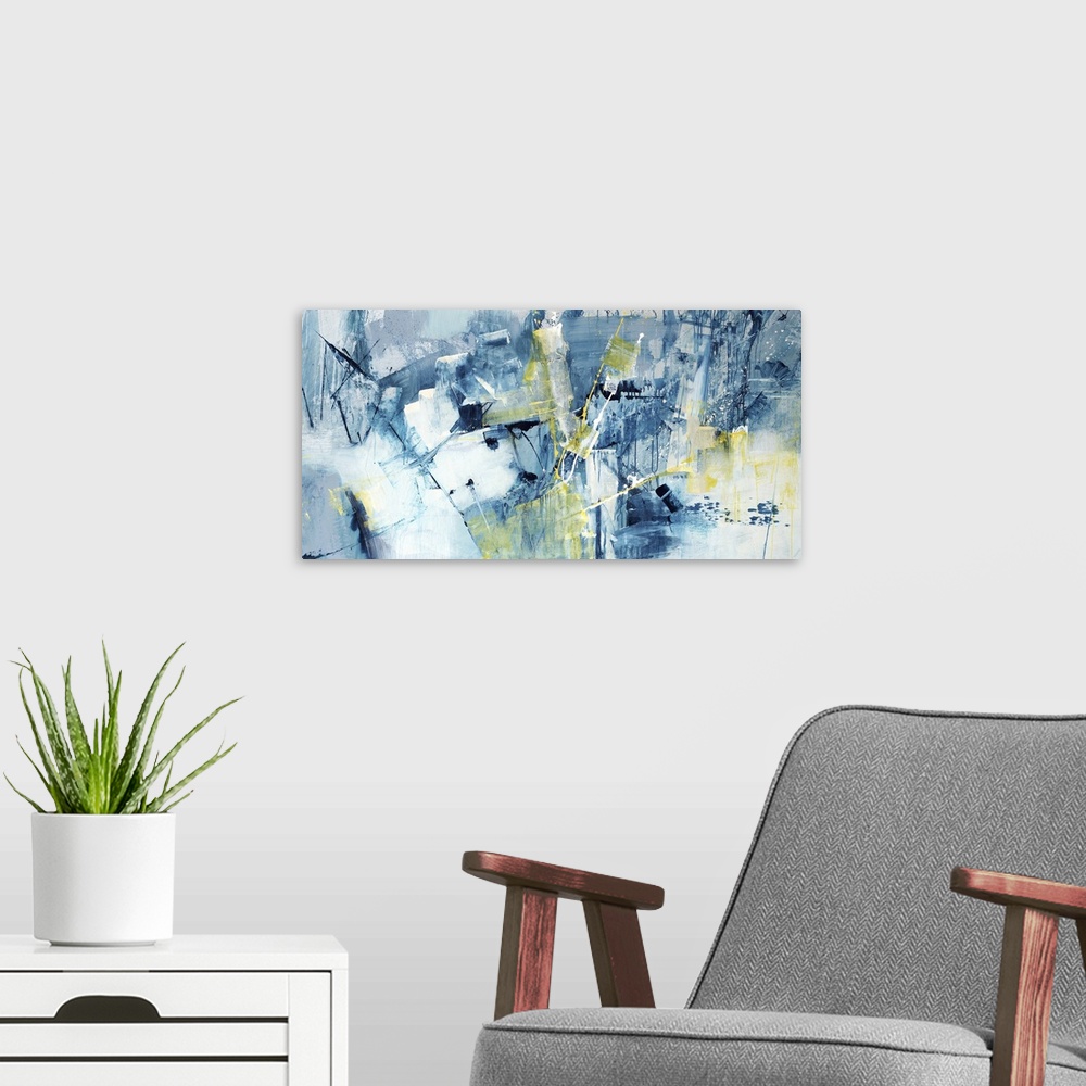 A modern room featuring Large abstract painting of textured blue brush strokes with yellow accents.