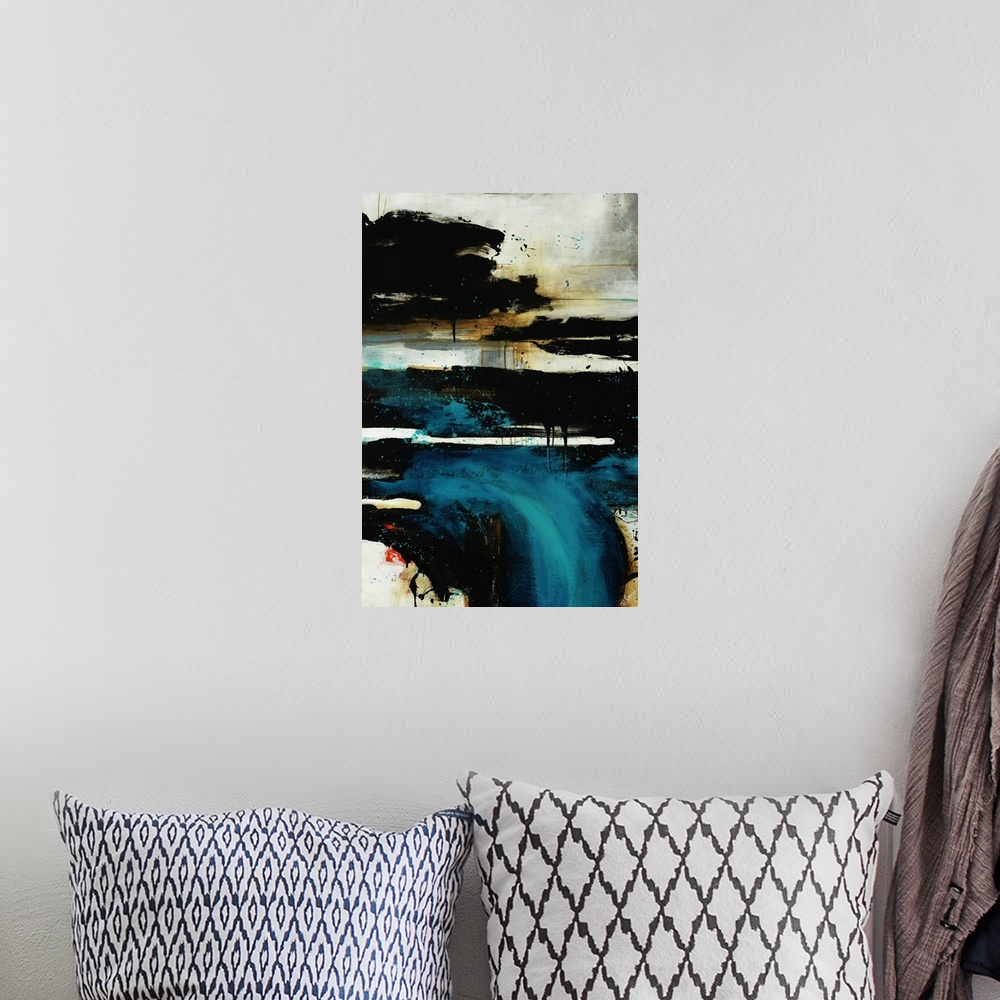 A bohemian room featuring Vertical panoramic contemporary abstract artwork of messy dripping horizontal bands overlain with...