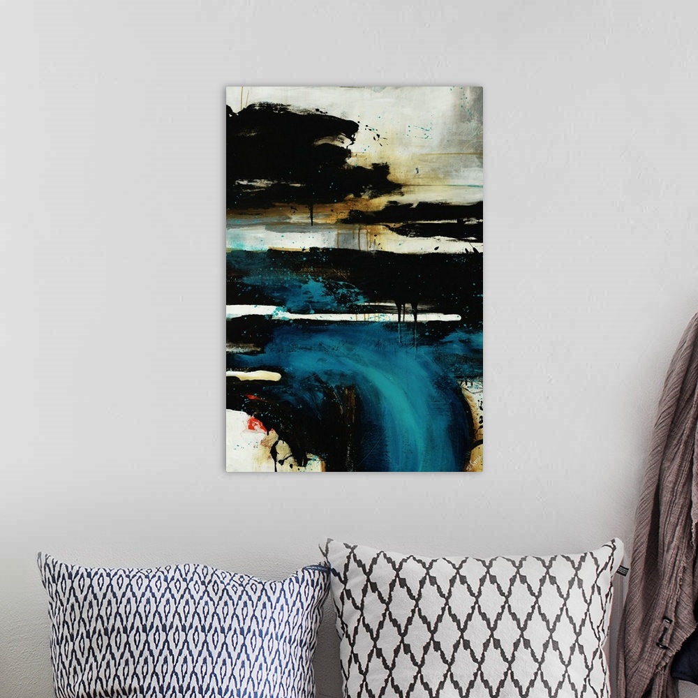 A bohemian room featuring Vertical panoramic contemporary abstract artwork of messy dripping horizontal bands overlain with...