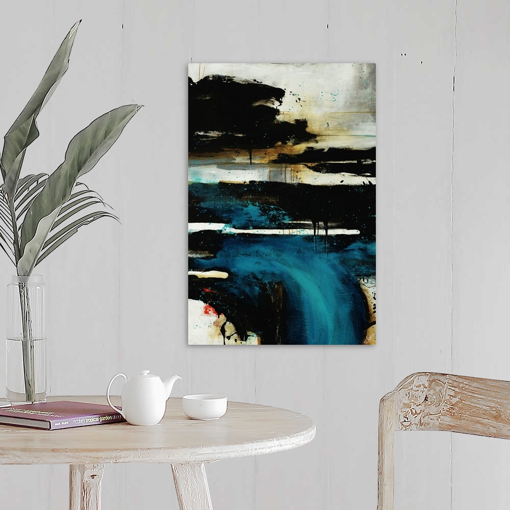 A farmhouse room featuring Vertical panoramic contemporary abstract artwork of messy dripping horizontal bands overlain with...