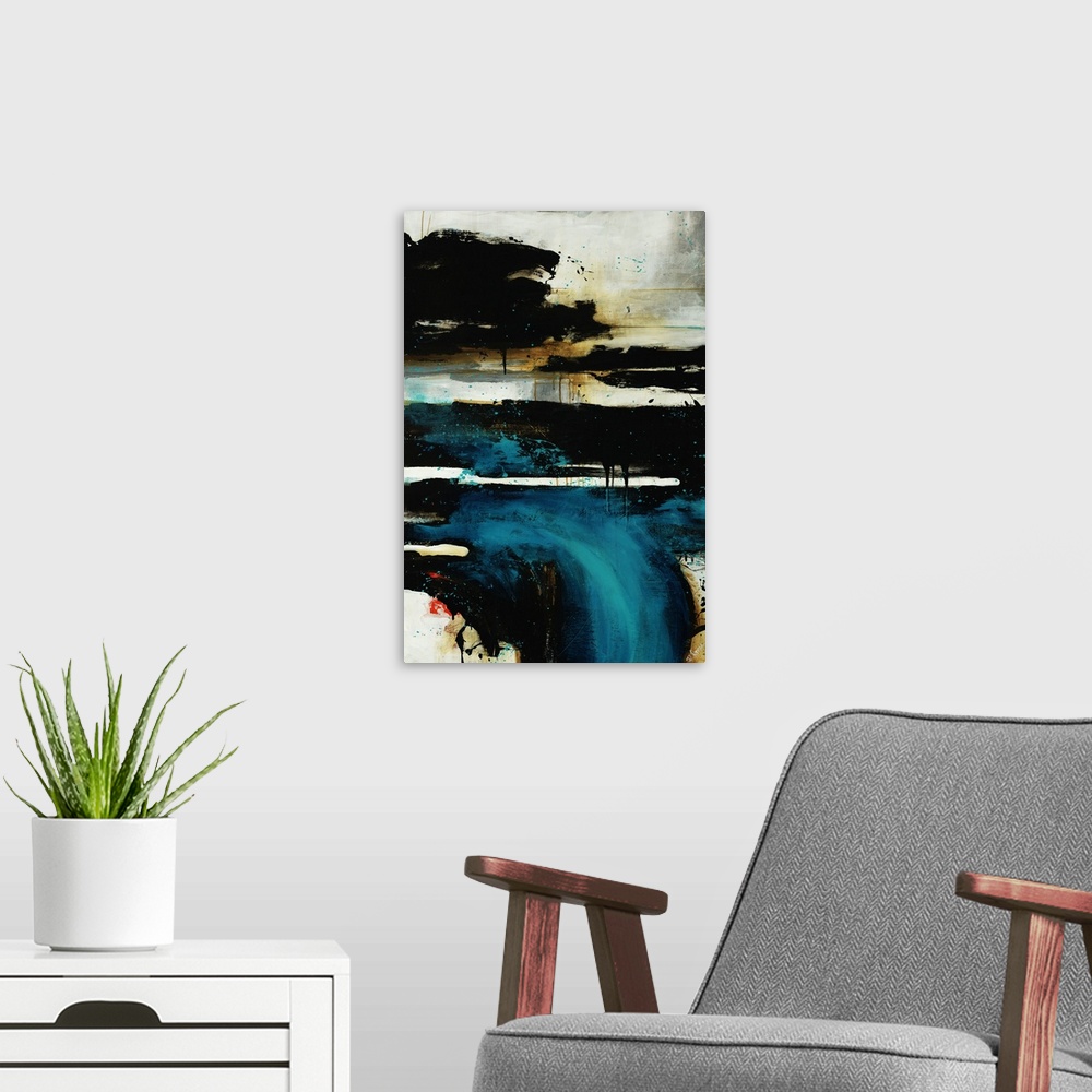 A modern room featuring Vertical panoramic contemporary abstract artwork of messy dripping horizontal bands overlain with...