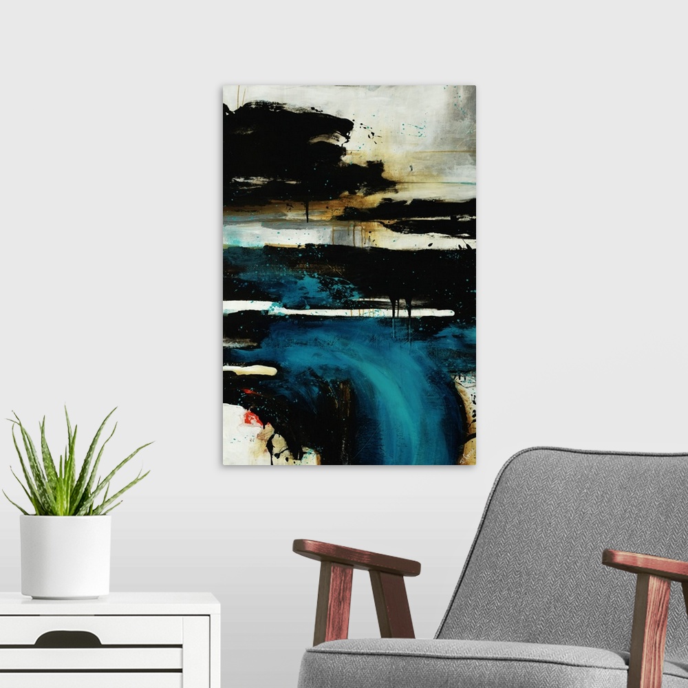 A modern room featuring Vertical panoramic contemporary abstract artwork of messy dripping horizontal bands overlain with...
