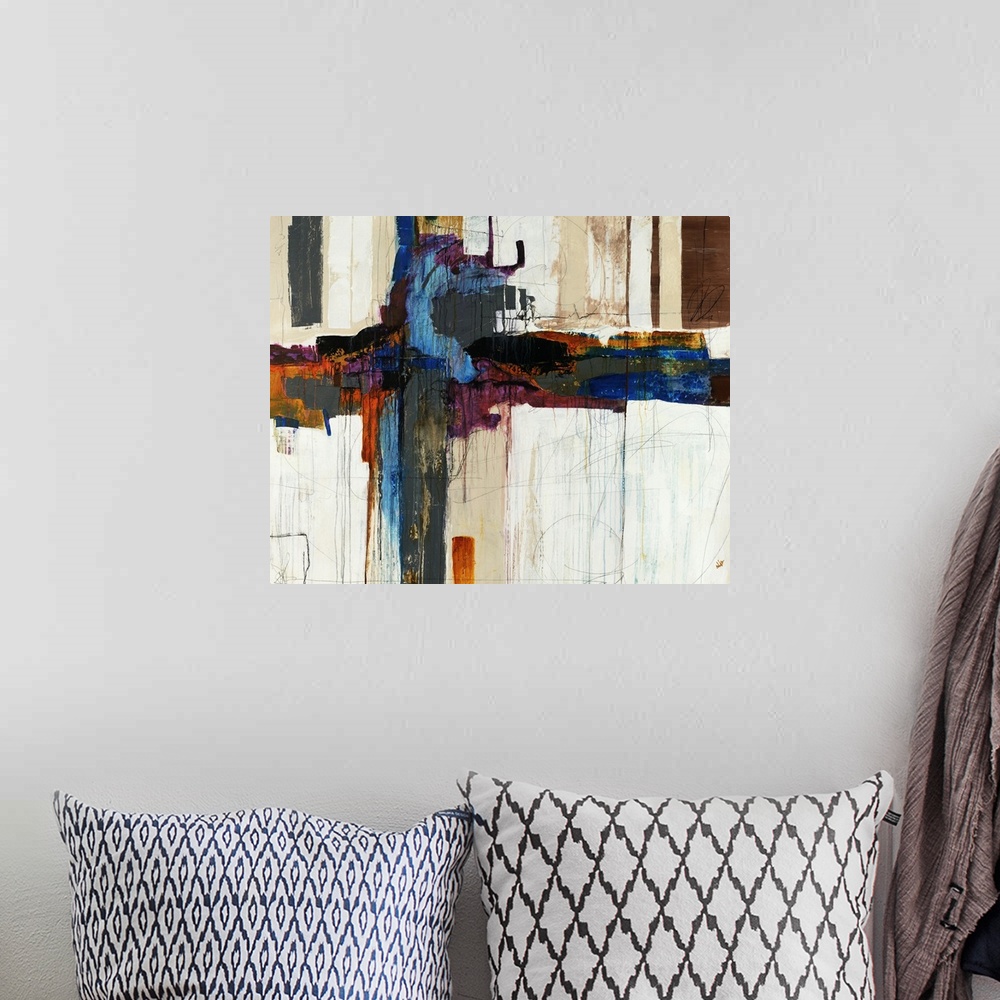 A bohemian room featuring Abstract artwork that uses various colors in blocks going in a thick vertical line across the pri...