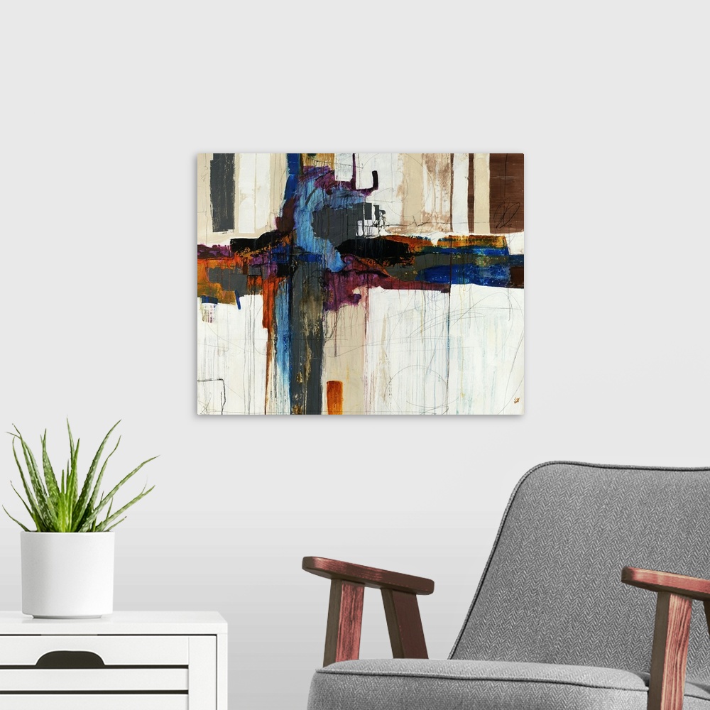 A modern room featuring Abstract artwork that uses various colors in blocks going in a thick vertical line across the pri...