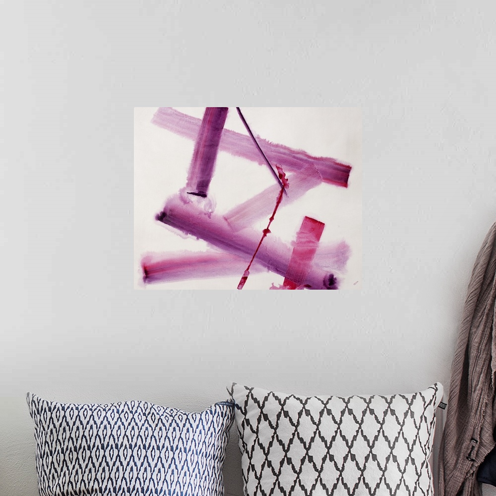 A bohemian room featuring An energetic blend of crossing strokes of pink and purple colors in the center of the artwork.