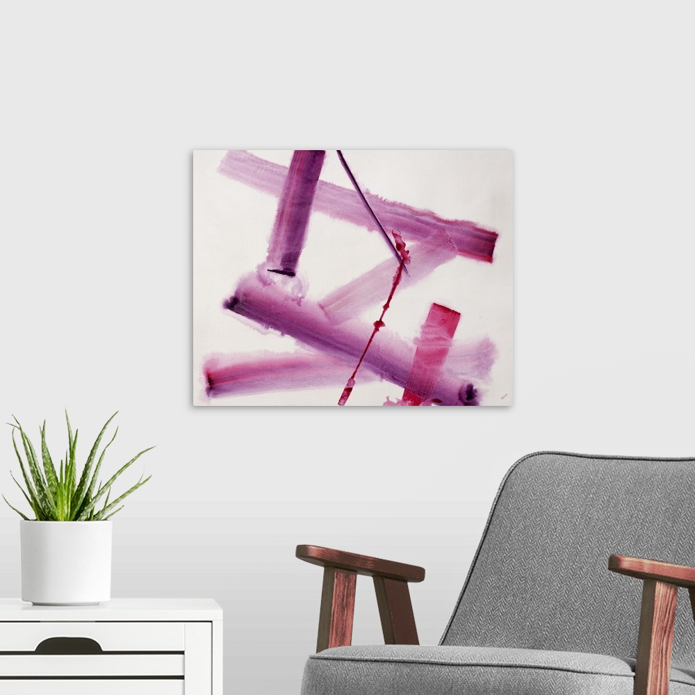 A modern room featuring An energetic blend of crossing strokes of pink and purple colors in the center of the artwork.