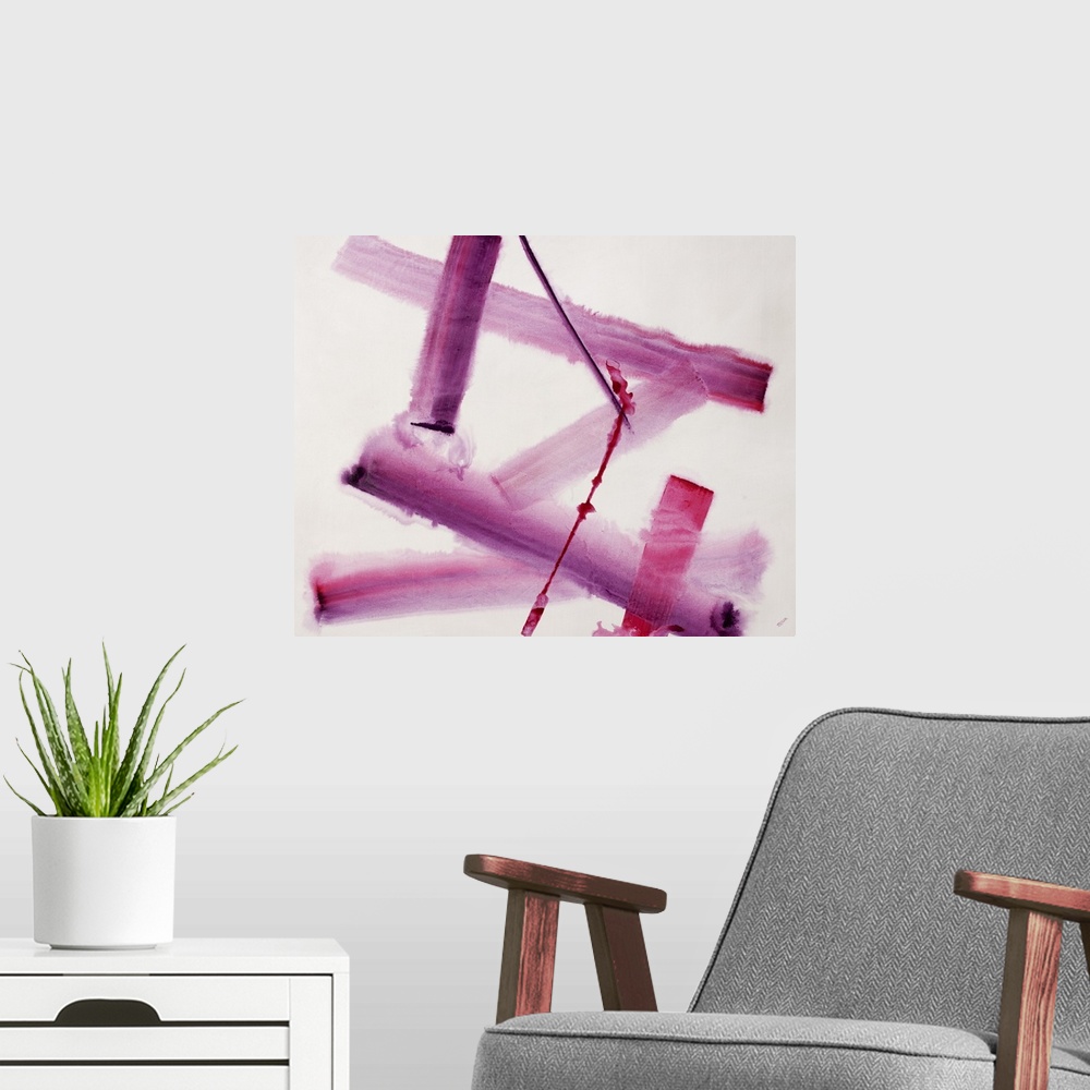 A modern room featuring An energetic blend of crossing strokes of pink and purple colors in the center of the artwork.