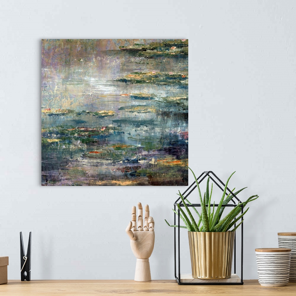 A bohemian room featuring Contemporary painting of a pond filled with lily pads and water lilies in the evening, inspired b...