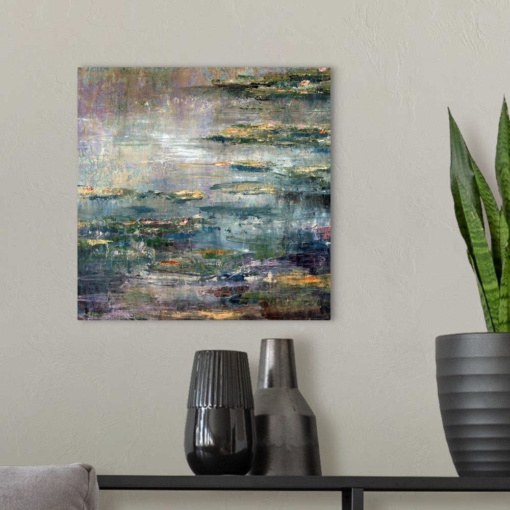 A modern room featuring Contemporary painting of a pond filled with lily pads and water lilies in the evening, inspired b...