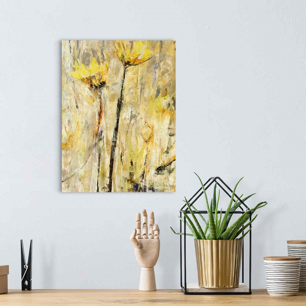 A bohemian room featuring Large, vertical floral painting of two golden flowers, extending upward on a neutral background o...