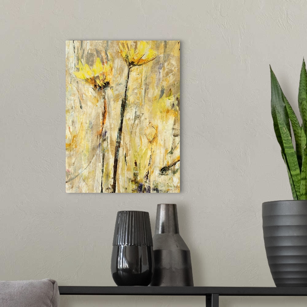 A modern room featuring Large, vertical floral painting of two golden flowers, extending upward on a neutral background o...