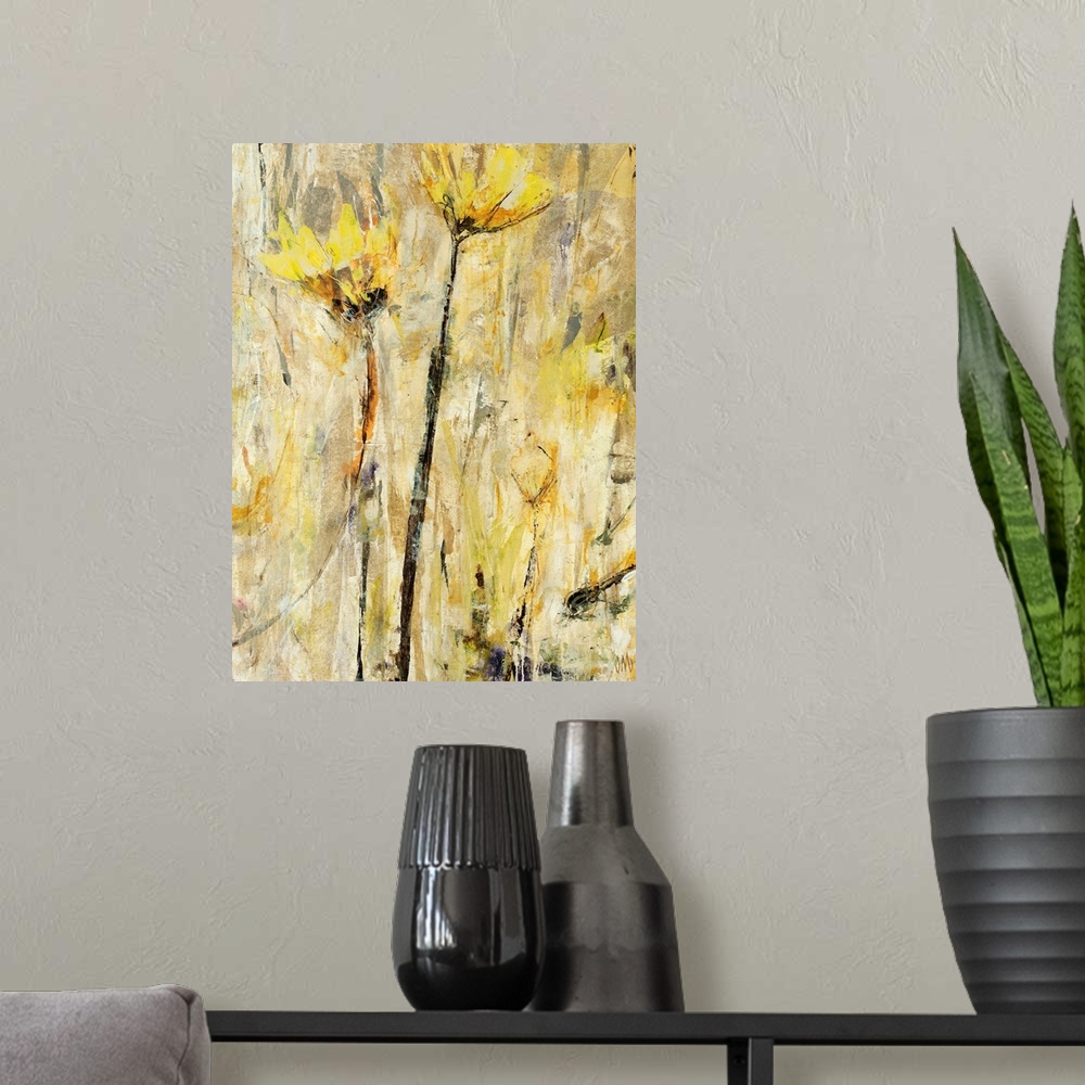 A modern room featuring Large, vertical floral painting of two golden flowers, extending upward on a neutral background o...