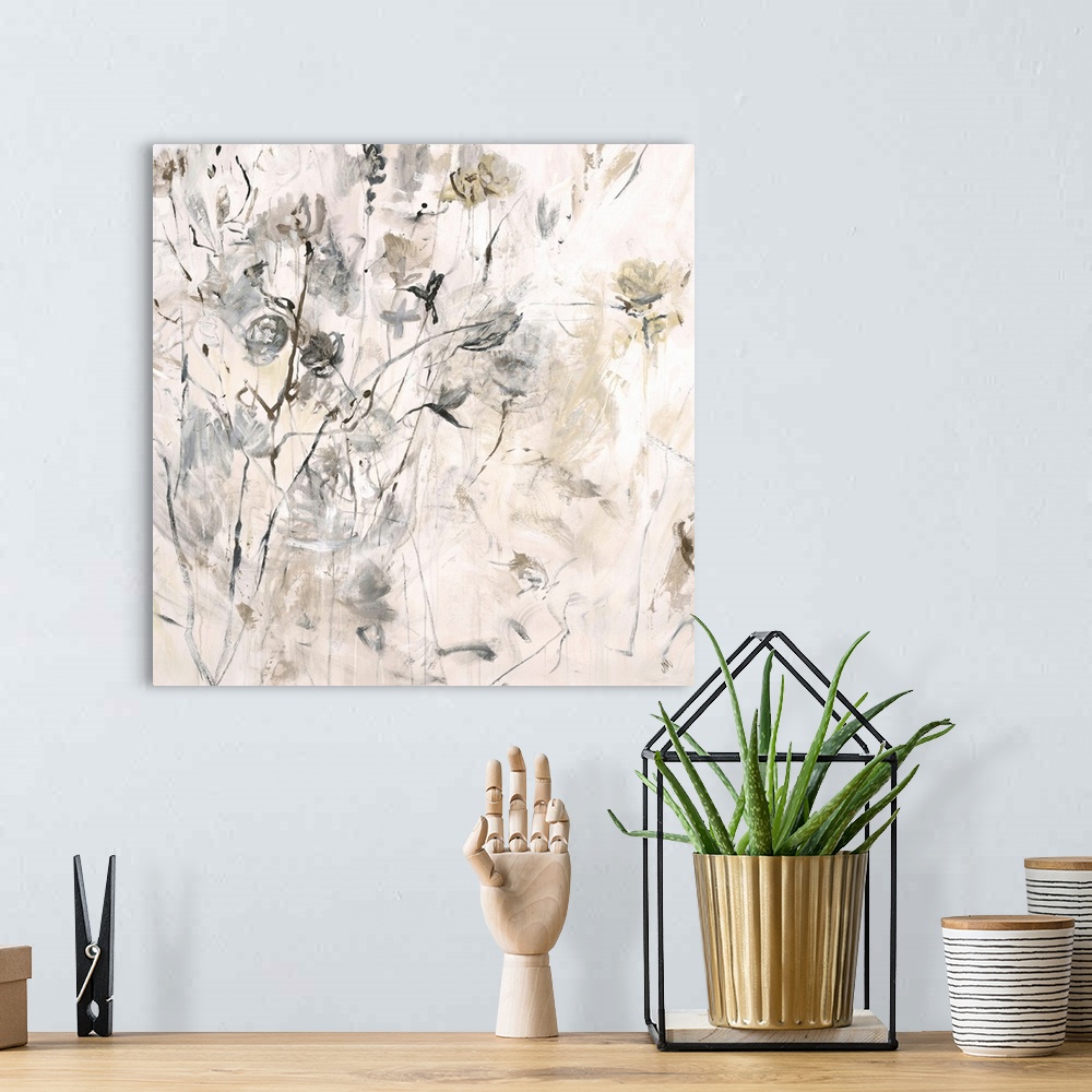 A bohemian room featuring Abstract painting in earth tones of various florals on thin stems and small twigs, on a light, ne...