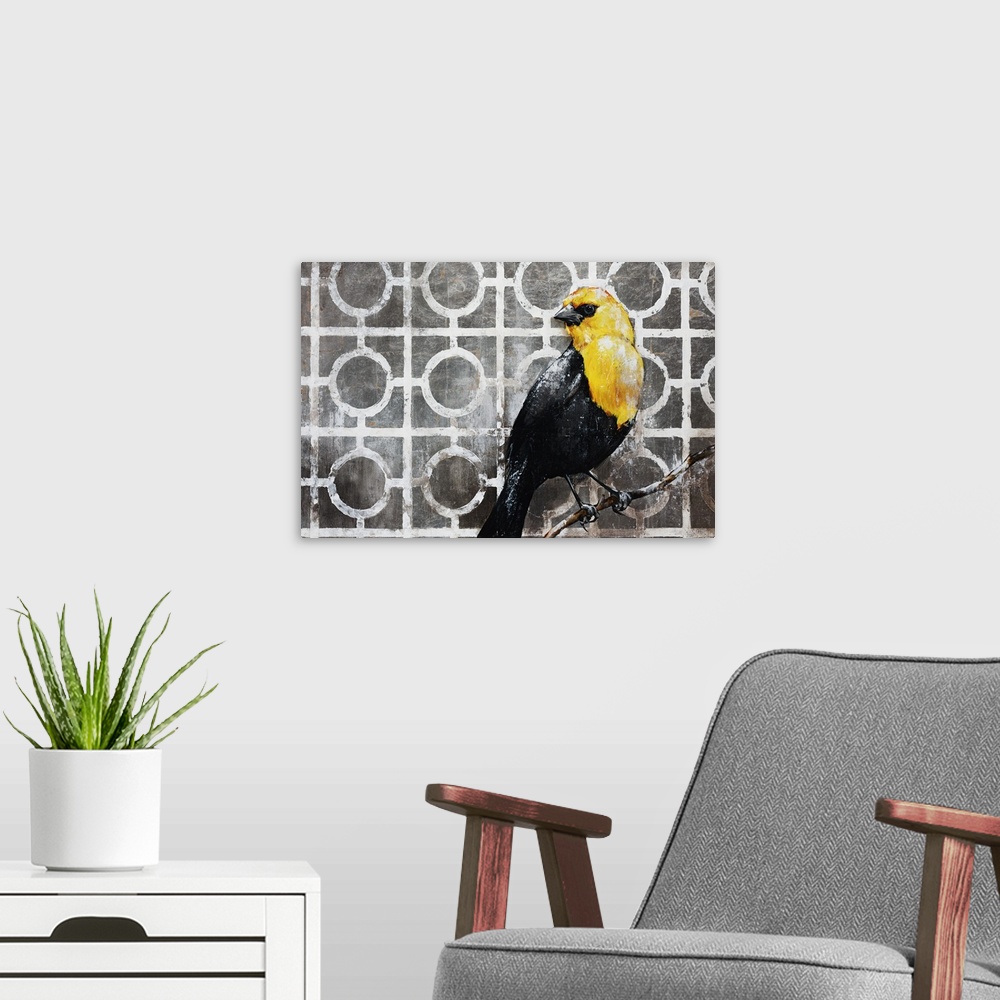 A modern room featuring Contemporary painting of a black and golden bird perched on a small branch, in front of a neutral...