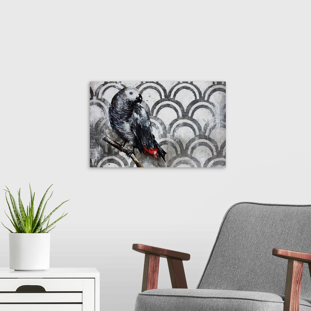 A modern room featuring Contemporary painting of a black and red bird perched on a small branch, in front of a neutral ba...