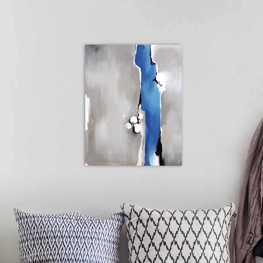 A bohemian room featuring Contemporary abstract painting with a gray background and bright blue vertical line moving from t...
