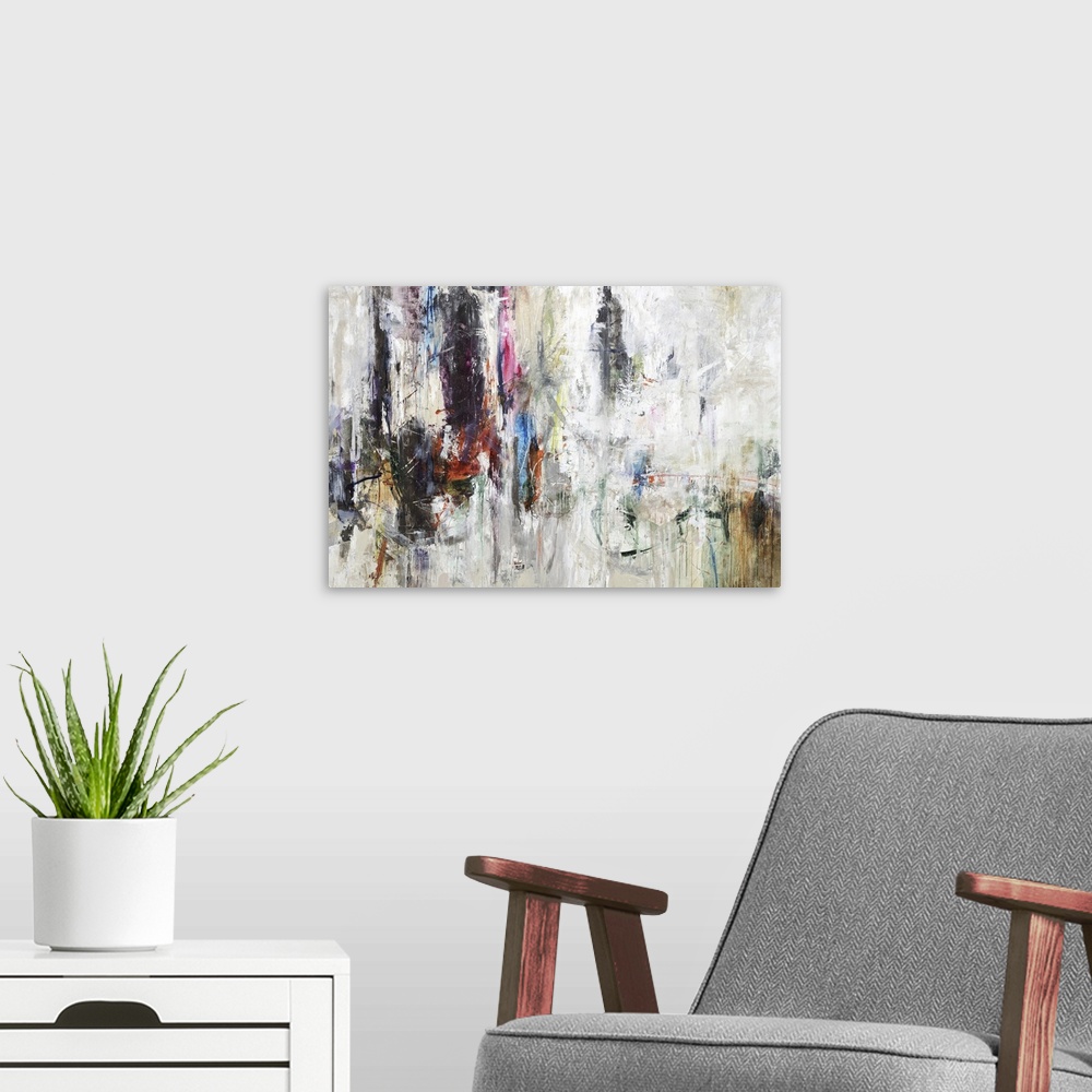 A modern room featuring Large horizontal abstract painting of textured brush strokes with red and blue accents.