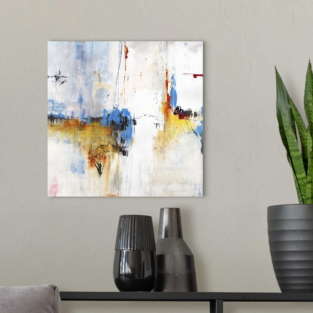 A modern room featuring Contemporary abstract painting using neutral tones with hints of bold color.