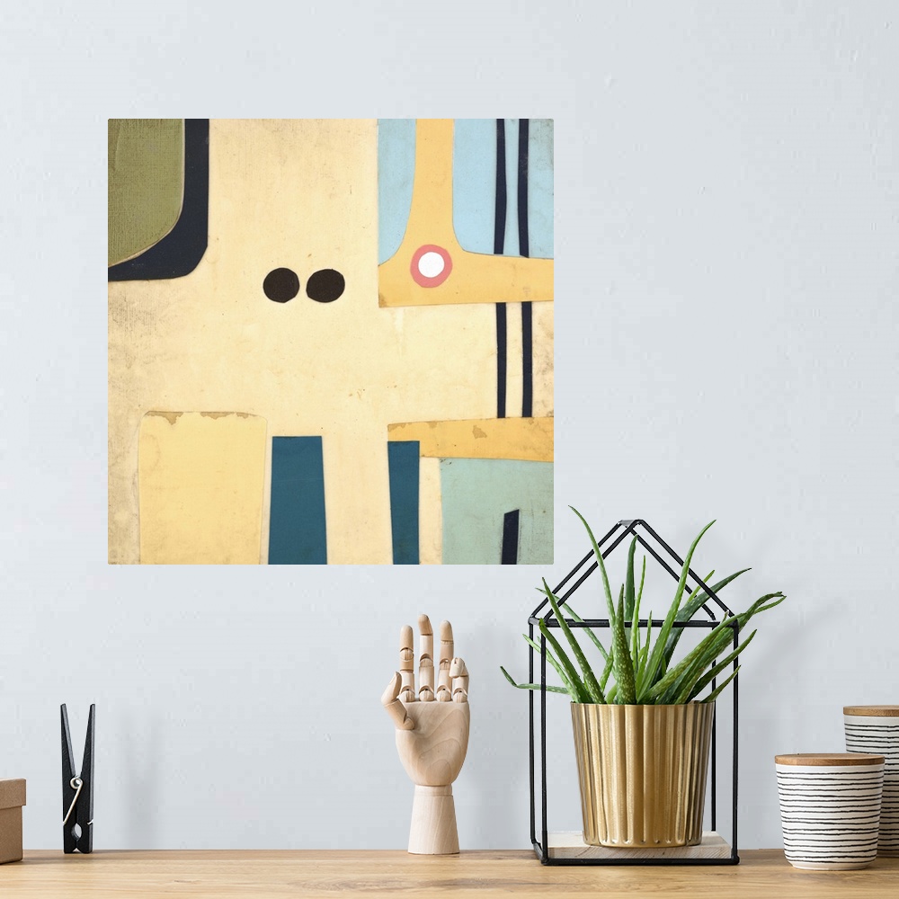 A bohemian room featuring Contemporary abstract painting with colorful shapes in a mid-century style.