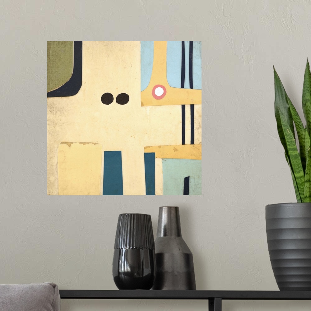 A modern room featuring Contemporary abstract painting with colorful shapes in a mid-century style.