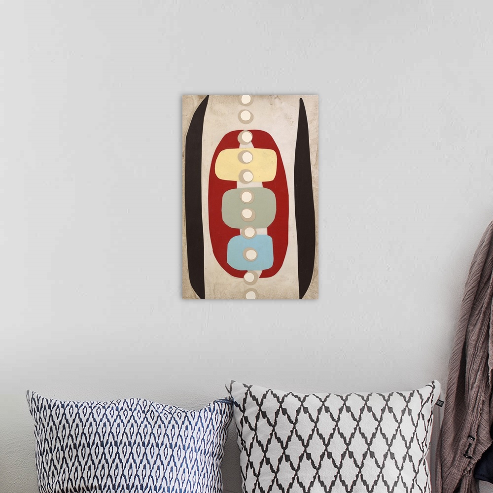 A bohemian room featuring Contemporary abstract painting with colorful shapes in a mid-century style.