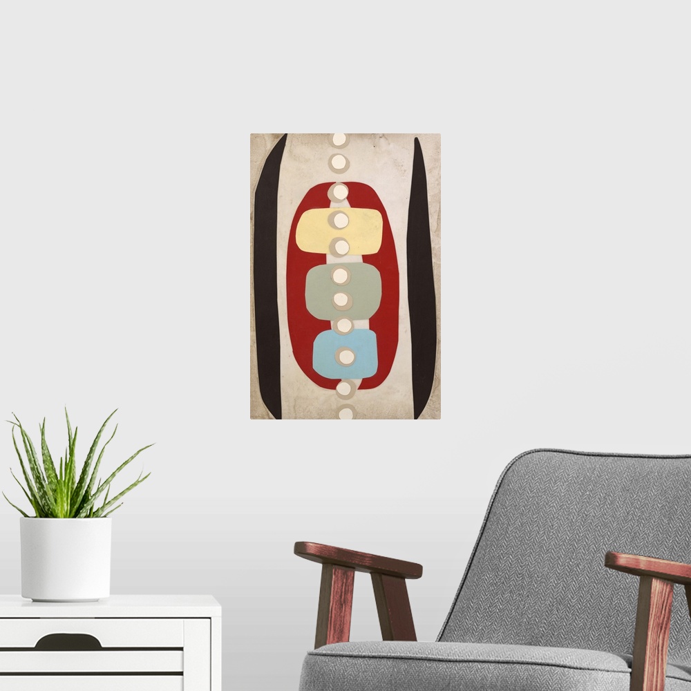 A modern room featuring Contemporary abstract painting with colorful shapes in a mid-century style.